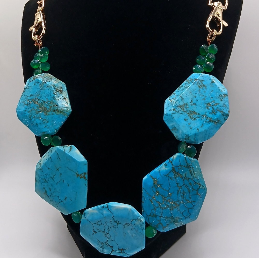 Turquoise and Malachite With Gold Claw Clasp Statement Necklace